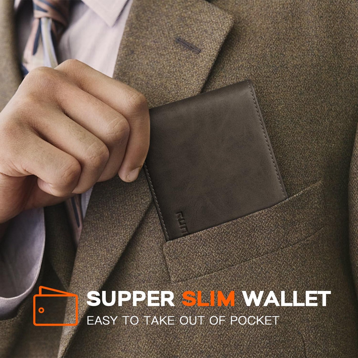 RUNBOX Wallet for Men Slim Leather Bifold RFID Blocking Minimalist Front Pocket Design with Gift Box