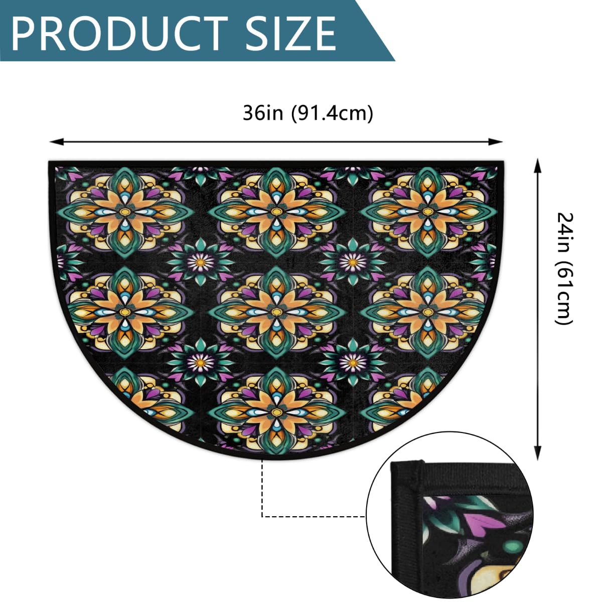 Half Round Door Mat Soft Non Slip Semi Circle Bath Rug with TPR Backing,Mexican Floral Tile Welcome Doormat Entryway Rugs for Front Door Living Room Bathroom,36x24IN