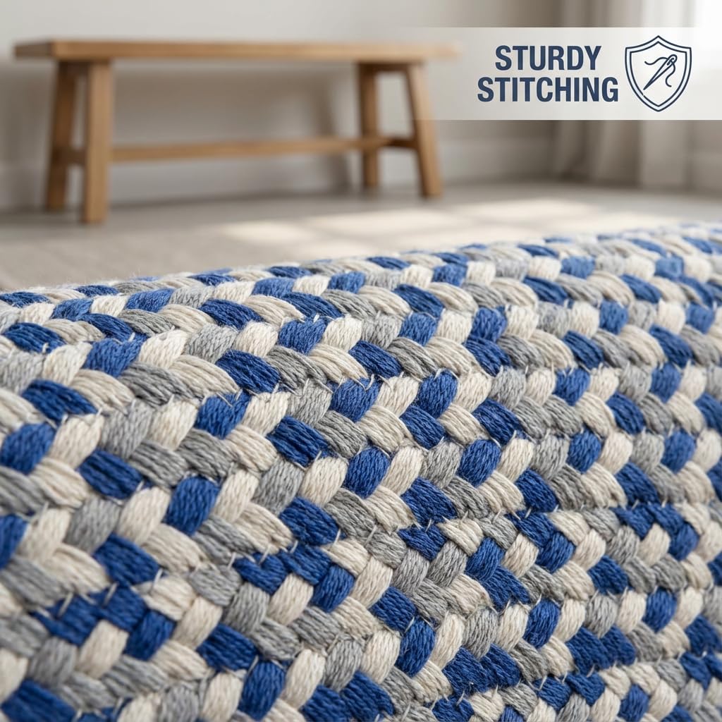 Super Area Rugs Tri-Color Cotton Farmhouse Braided Rug - Buffalo Check Blue,White,Gray 2' X 3' Oval