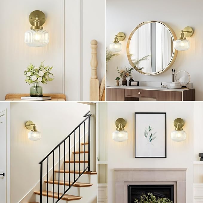Vintage Wall Sconces with Clear Pumpkin Glass Lampshade, Indoor Bath-Room Wall Sconce, Modern Gold Industrial Lighting Fixture for Mirror Living Room Hallway 1 Pack