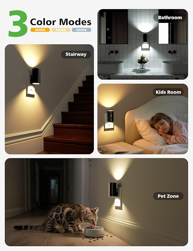 Night Lights Plug Into Wall,3 Color Temperatures LED Night Light Plug in,Dusk to Dawn Sensor,0-100LM Adjustable Brightness,Dimmable Night Lights for Hallway Bathroom Stair Bedroom,Black,6 Pack