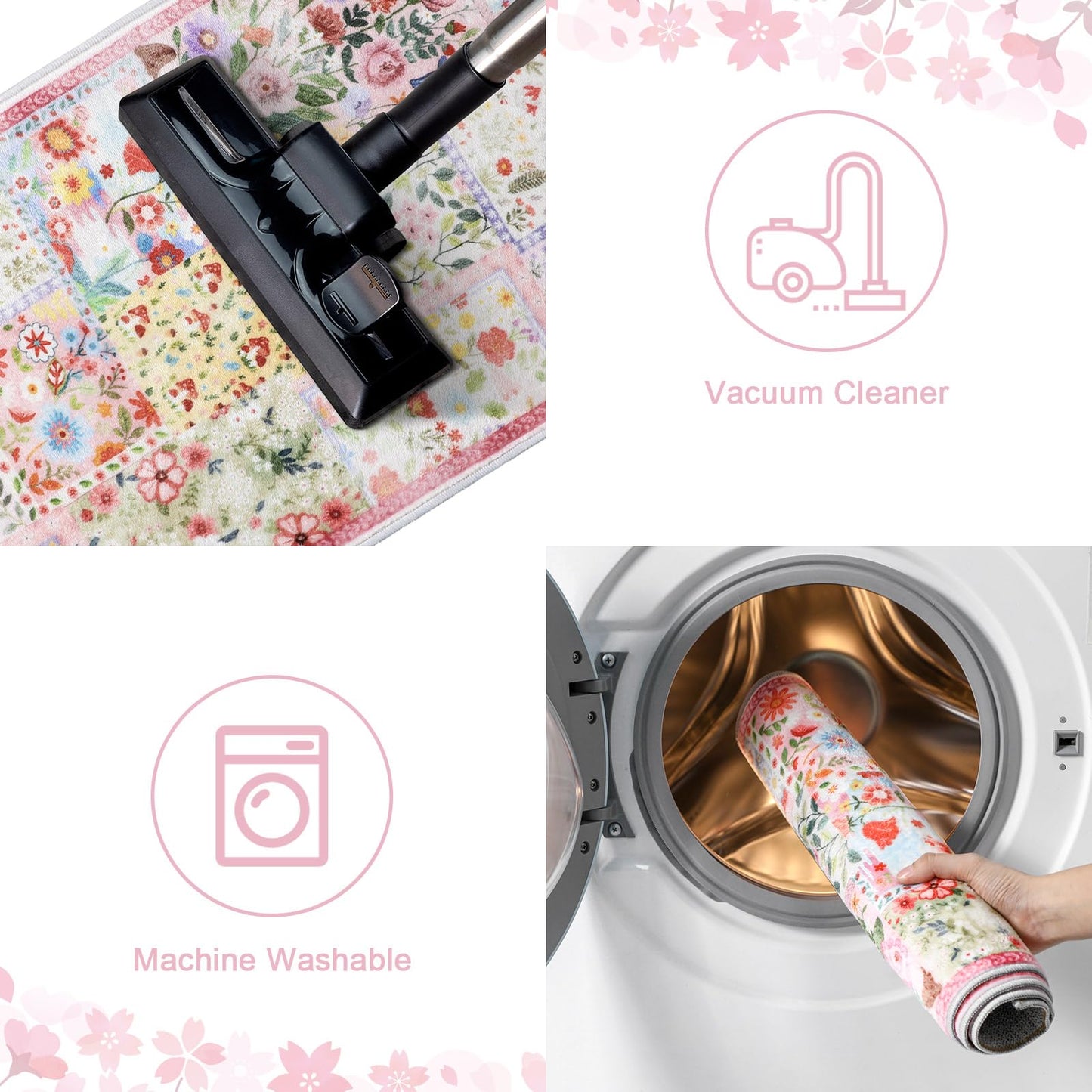 Klyyo Clyro Pink Floral Kitchen Rugs Set of 2 Cute Farmhouse Floor Mats Soft Non Slip Cushioned Washable Kitchen Rugs for Home Entrance Laundry Office Sink Spring Summer Decor, 17 x30 +17 x47