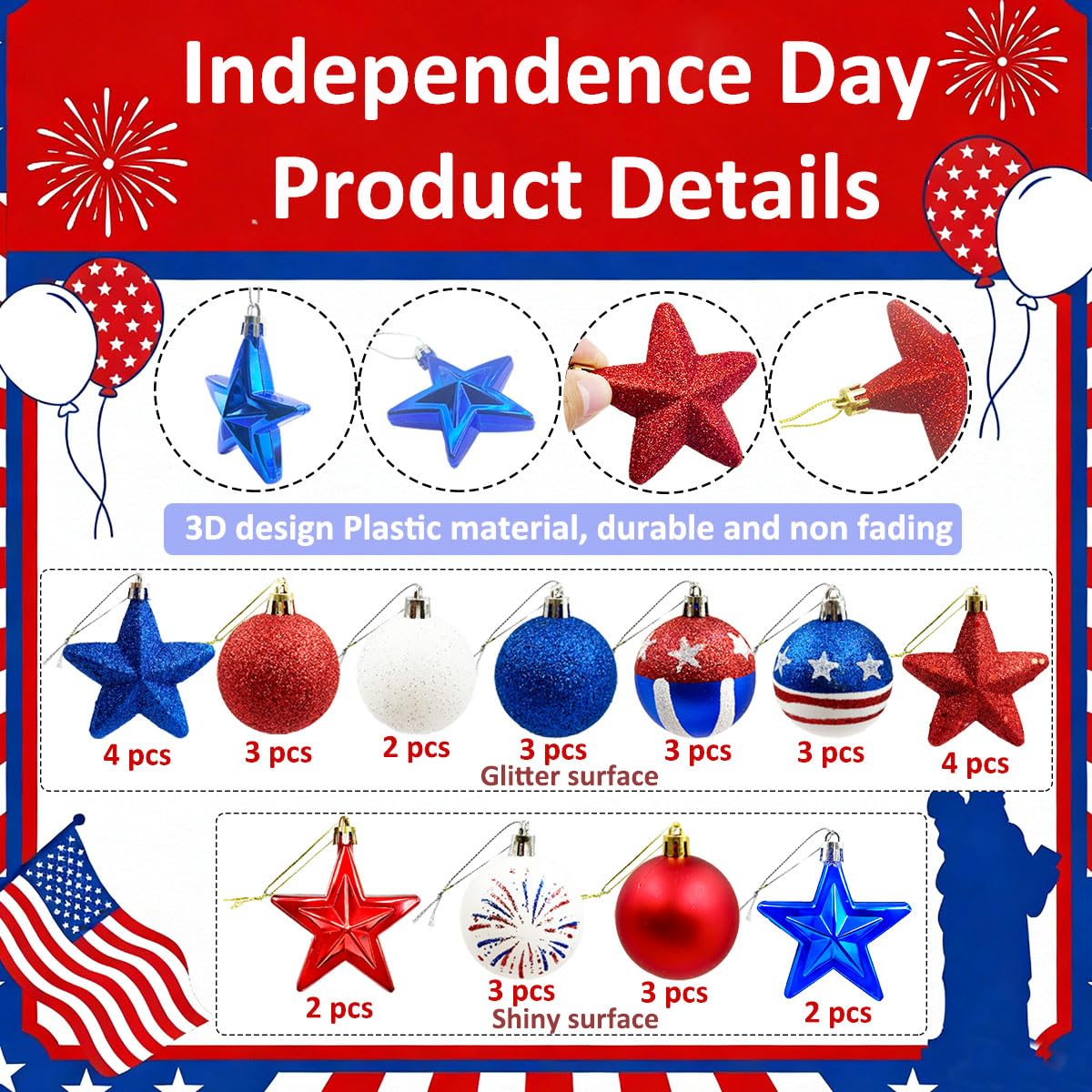 Patriotic Ornaments Hanging Balls - 32 Pcs 4th of July Independence Day Tree Ornaments Memorial Day Red White Blue Stars Balls for Veterans Day Holiday Party Home Christmas Tree Decor