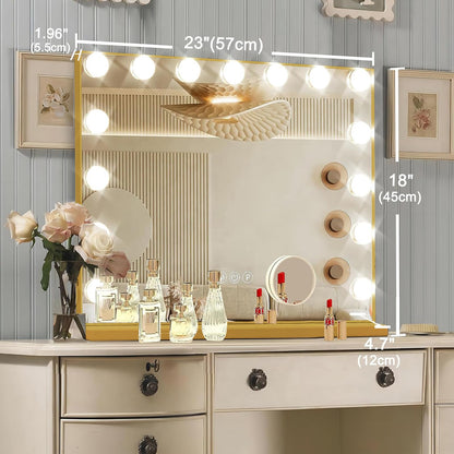 Hollywood Vanity Mirror with Lights, 15 Dimmable Bulbs, 3 Color Lights,Make Up Lighted Mirror, Aluminum Metal Frame, USB Charging Port（23" x 18"）