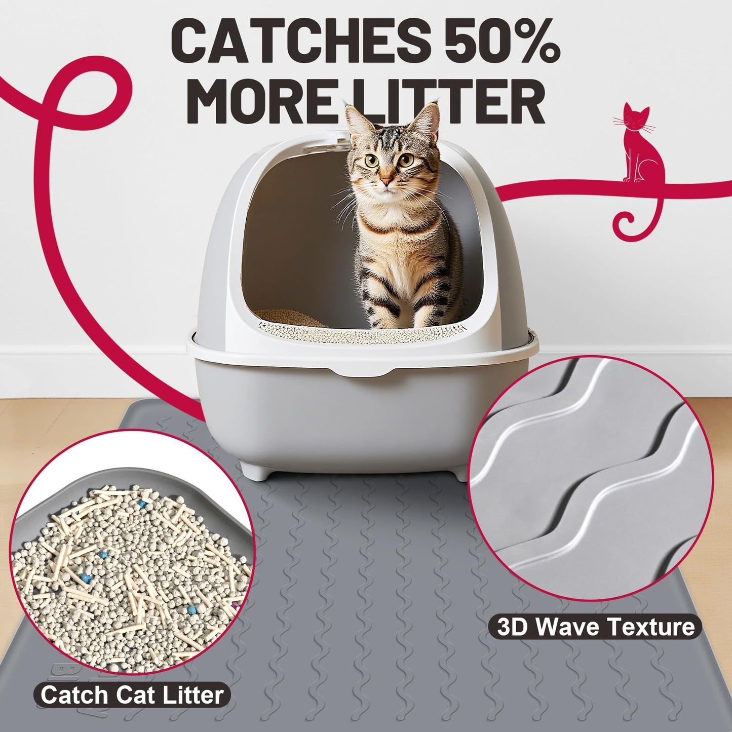 CappyBliss Large Silicone Cat Mat for Litter Box, 34"x22" Waterproof & Urine-Proof Pad with Litter-Trapping Waves, Non-Slip, Easy Clean & Paw-Safe (Gray)