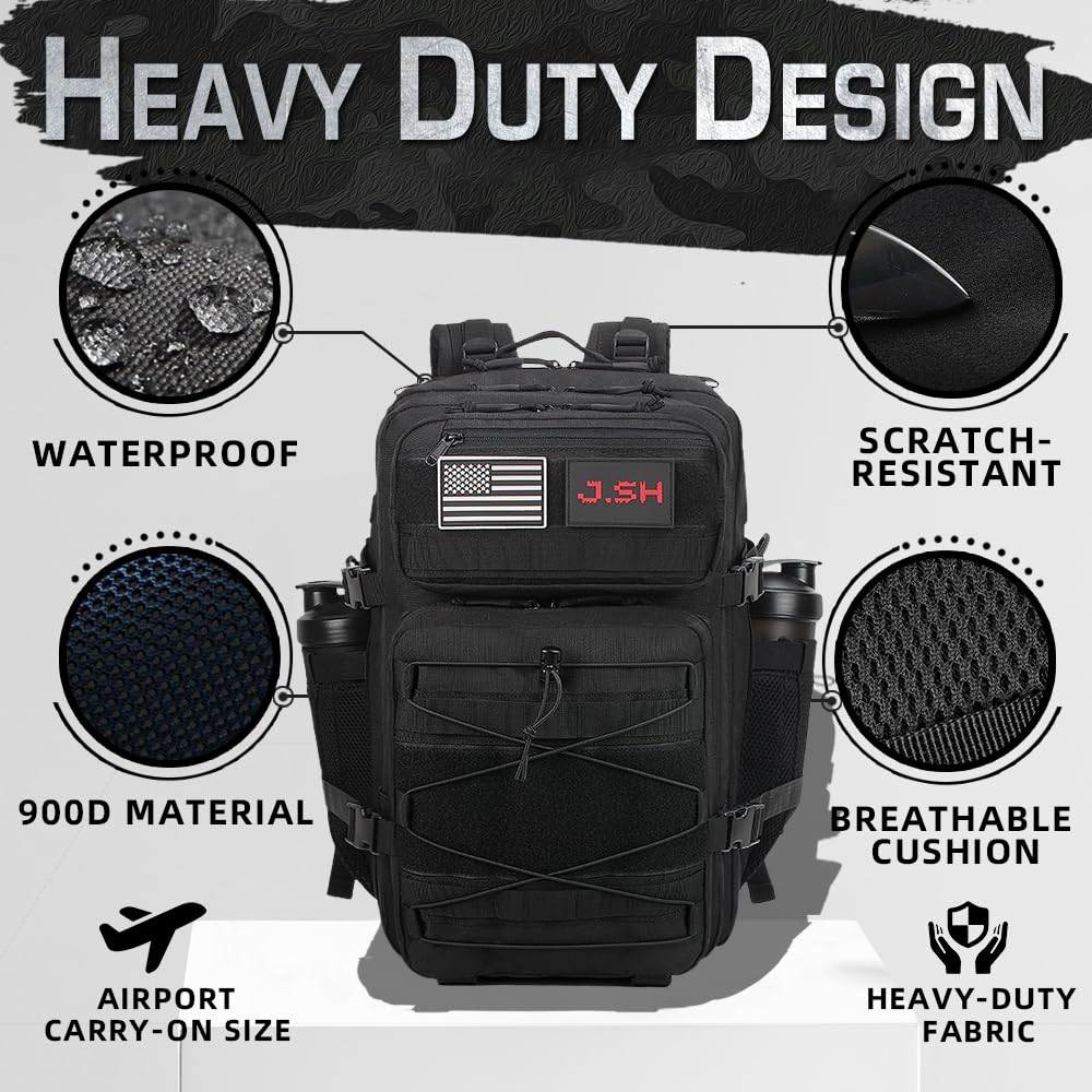 J.SH 45L Large Military Tactical Backpack for Men, EDC MOLLE Backpack, 900D Oxford Nylon, 3-Day Assault Rucking Pack, Heavy-Duty Tactical Gear for Outdoor Hiking,Gym, Rugged Survival&Bug Out Bag-Black