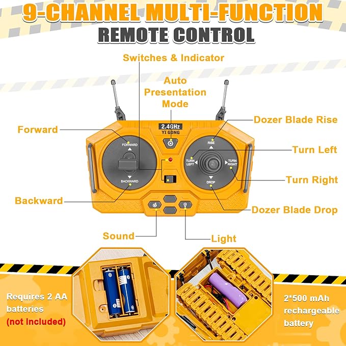 Remote Controlled Bulldozer 9-Channel Metal RC Construction Vehicle Toy with Lights Sound and Rechargeable Battery Remote Controlled Bulldozer Toy Gift for Kids Boys Girls Aged 4-12 (2.4 GHz)
