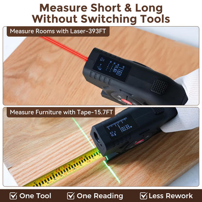 LUNYEE 393Ft Digital Tape Measure with Laser - 3-in-1 Recharge Electronic Laser Measuring Tape with Tape Measure 16Ft OLED Display M/in/Ft Unit Switch Area/Volume/Pythagorean,Class II Laser