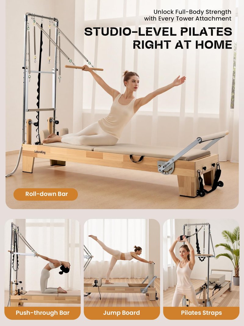 LeisureKing Pilates Reformer with Tower, Pilates Machine Equipment for Home Gym Workout, Studio Grade Reformer Set with Full Accessories, Sitting Box, Jump Board for Fitness & Pain Relief