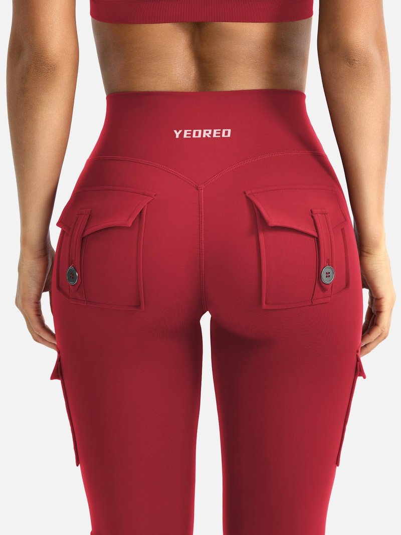 YEOREO CoreFlex Women Workout Flare Leggings with Pockets Hidden Scrunch High Waisted Cargo Gym Yoga No Front Seam Leggings 30" Inseam Red S