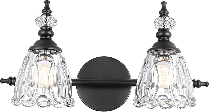 Matte Black Vanity Light, Farmhouse Bathroom Light Fixtures, 2 Light Bathroom Vanity Lights, Flower Glass Shade Wall Sconce Lighting