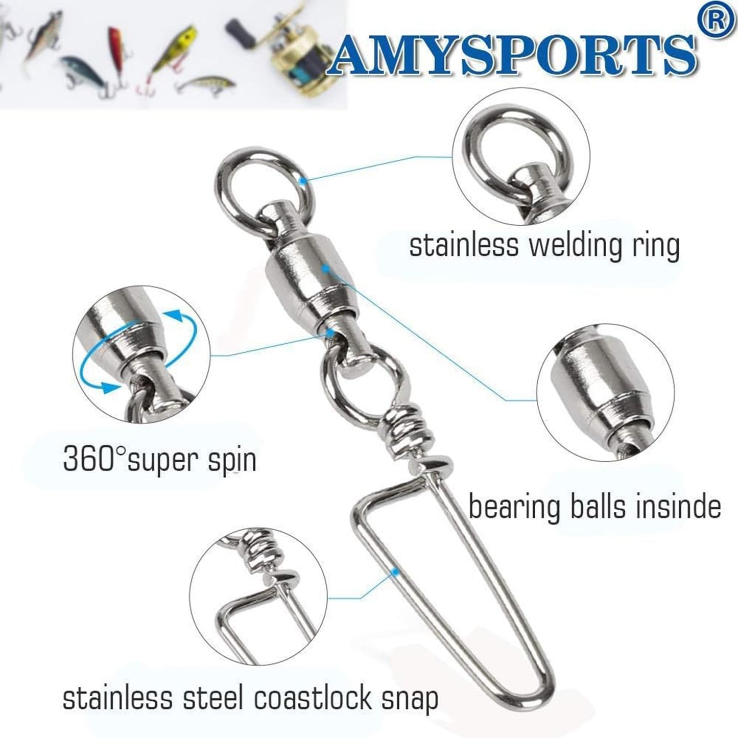 AMYSPORTS High Strength Ball Bearing Swivels - Stainless Saltwater Corrosion Resistance Barrel Swivel for Freshwater Fishing - 50pcs 180lbs