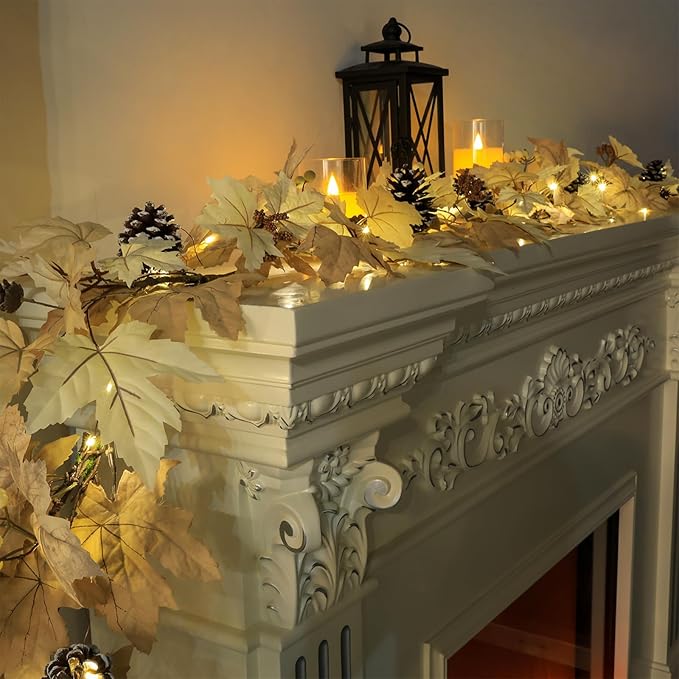 6 FT Realistic Fall Garland with Lights Timer Function Fall Leaves Maple Garland with Berries Pine Cones Autumn Automatic Fall Decorations for Home Mantle Fireplace Porch Table Decor