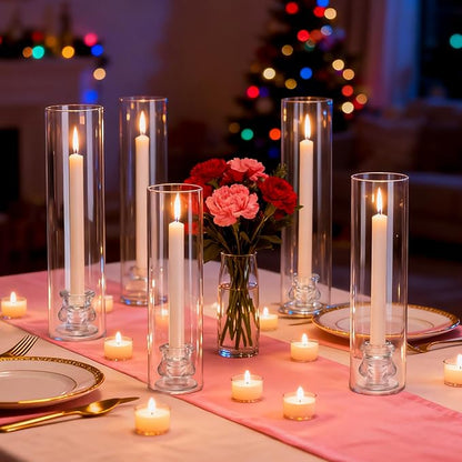 6 Set Hurricane Glass Candlestick Holders 12.6" Two Side Open Glass Candle Holders and 2.2" Taper Candlesticks Holder Bulk for Table Centerpiece Wedding Christmas Home Decor