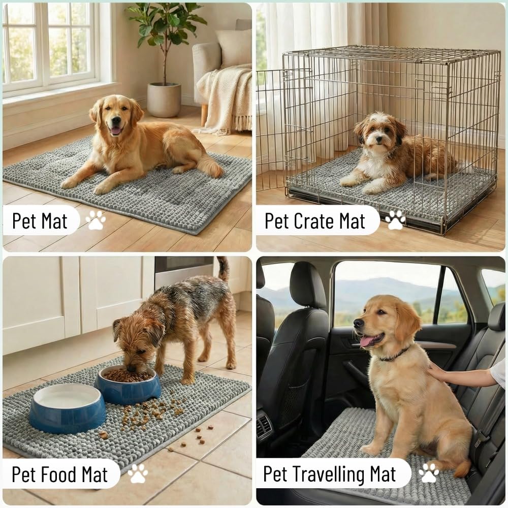 Miss Mila®| Dog Door Mat for Muddy Paw, Super Absorbent Chenille Pet Rug for Indoor Entryway, Non-Slip Washable Dirt Trapping Mats for Dogs & Cats, 24"x36" Grey