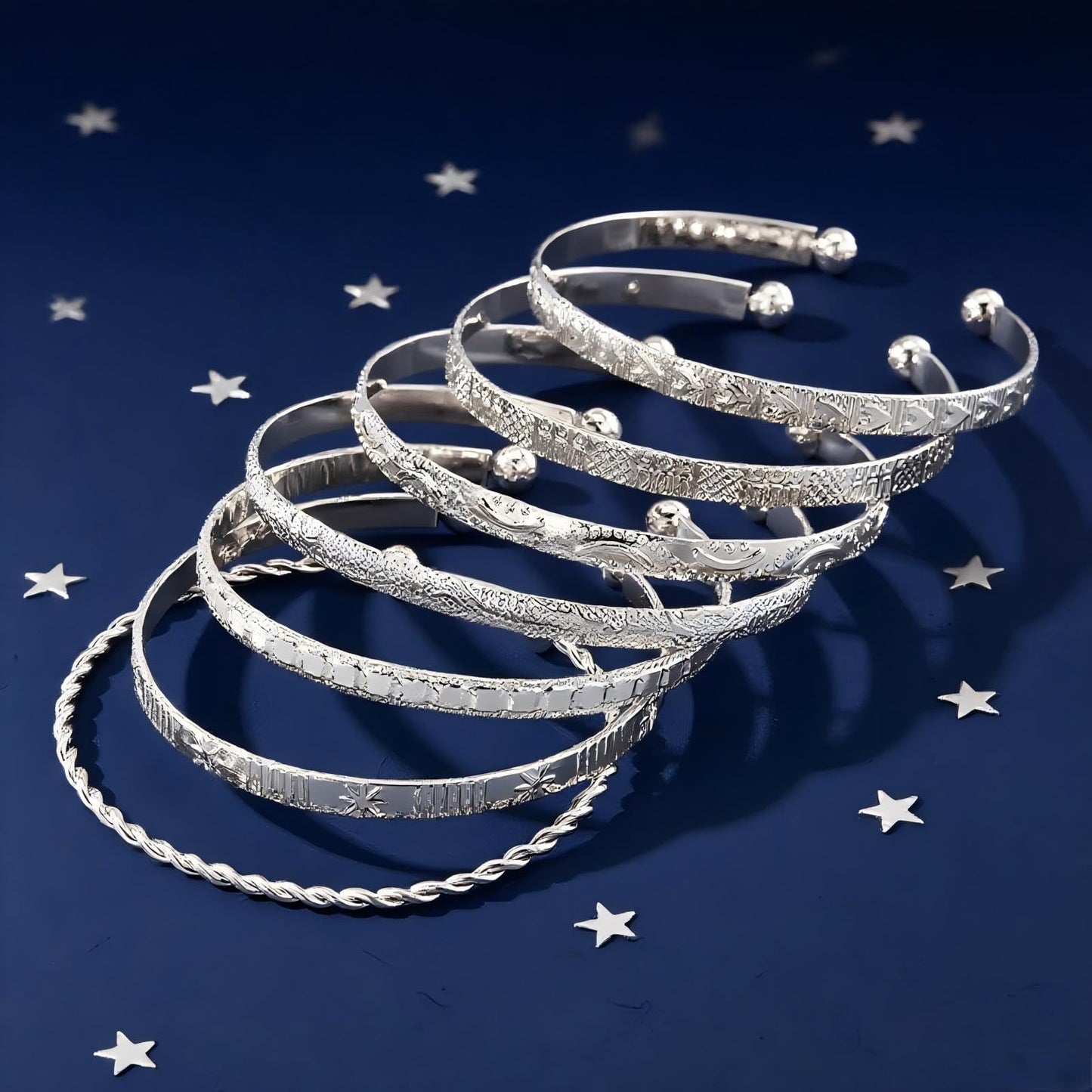 Bangle Bracelet for Women, 7 Pcs Silvery Plated Dainty Layered Chain, 14K Layer Stackable Cuff Bracelet Set (Silvery)