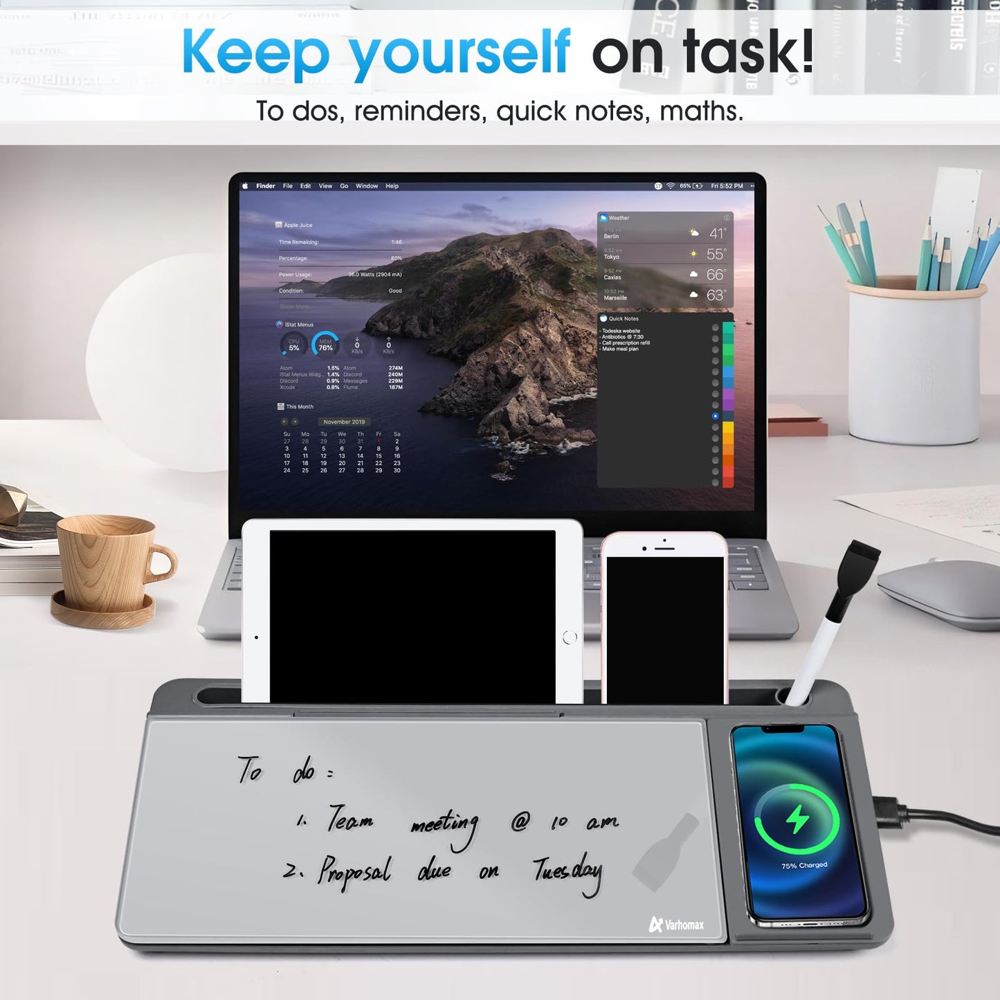 Varhomax Glass Desk Whiteboard with Wireless Charger, Desktop Dry Erase White Board with Storage, to Do List Memo Notepad for Home and Office (Gray)