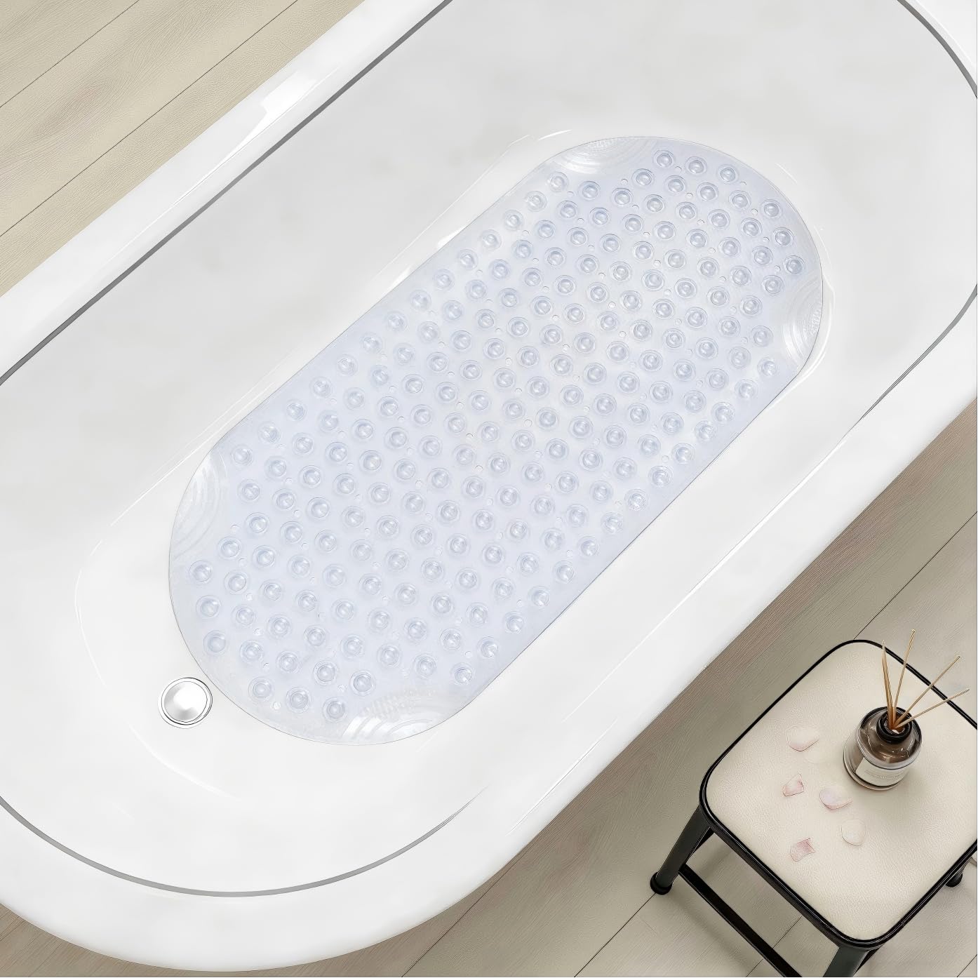 Anti Slip Bathtub Mat,Non Slip Bath Mat,16x35 Inch Extra Long Tub Mat,Machine Washable Bathroom Shower Mat with Suction Cups and Drainage Holes,Soft on Feet (White)