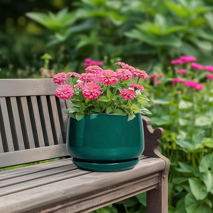 G EPGardening Ceramic Planter for Indoor Plants - 7 Inch Plant Pot, Round Planter with Drainage and Saucer, Round Flower Pots for Outdoor, Modern Desk Decor, Gift for Women Men, Green