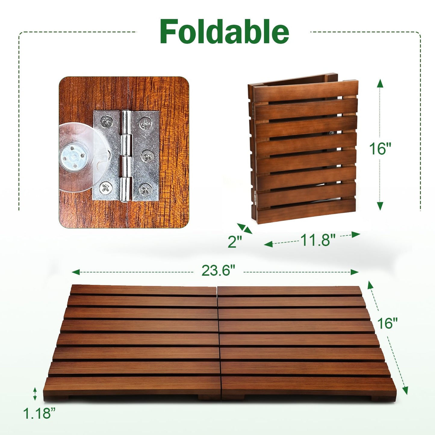 Teak Shower Mat, Foldable Wooden Shower Mat with Non-Slip Rubber Feet, Teak Bath Mat for Bathroom, Bathtub, Spa, Sauna, Pool, Indoor Outdoor Use, Water-Resistant Wood Floor Mat
