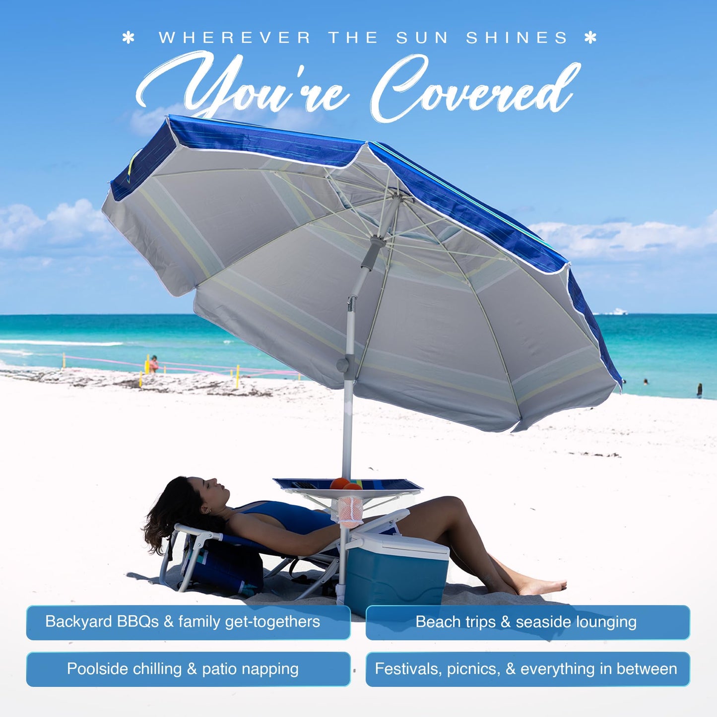 AMMSUN 7ft Heavy Duty High Wind Beach Umbrella with sand anchor, Built-in Table Tray Vent Tilt Pole, UPF 50+ Windproof Portable Outdoor Umbrellas Carry Bag for Patio Garden Pool Backyard stripe