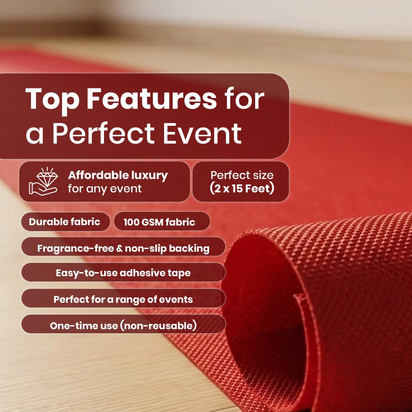 LEMONSODA Red Carpet Runner 2x15 Feet | Party Floor Runner with 100 GSM Thick Fabric | Non Slip Indoor Carpet with Suede Backing for Weddings Events and Hollywood Style Decorations