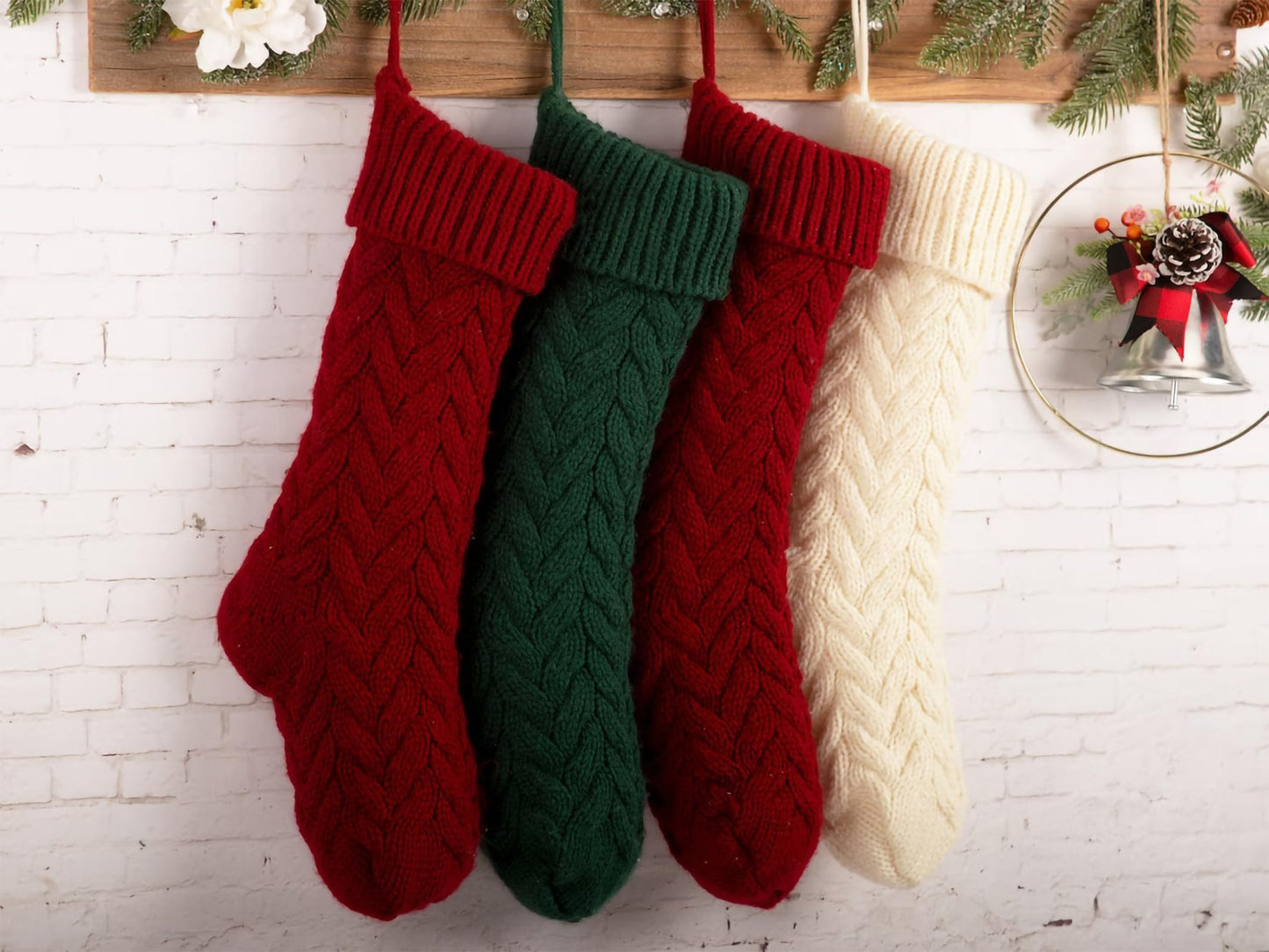 Fesciory 18 Inches Christmas Stockings Bulk, 6 Pack Large Size Cable Knitted Fireplace Hanging Stockings for Family Holiday Xmas Party Decorations, Burgundy&Ivory White&Green