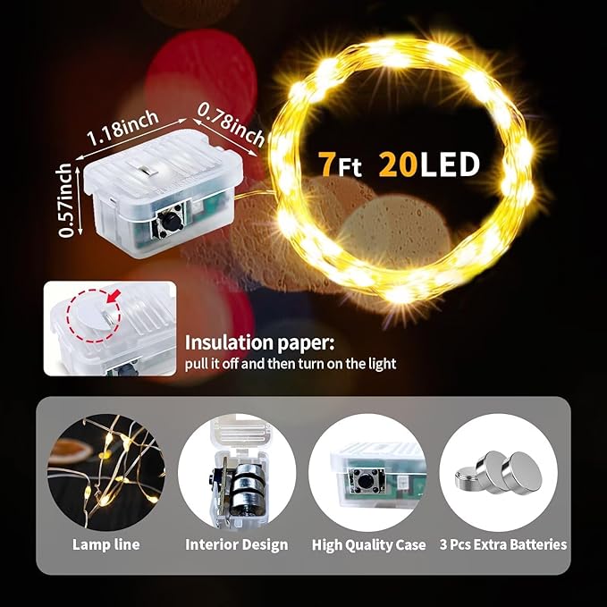 pozzolanas 12 Pack Warm White Fairy Lights Battery Operated 3 Modes 7FT 20 LED Waterproof String Lights Twinkle Silver Wire for Mason Jars Wedding Christmas Halloween Party Decor (12, Warm White)
