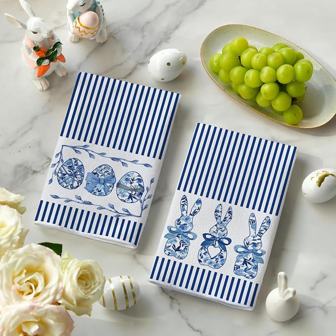 Artoid Mode Blue Stripe Rabbit Bunny Eggs Easter Kitchen Towels Dish Towels
