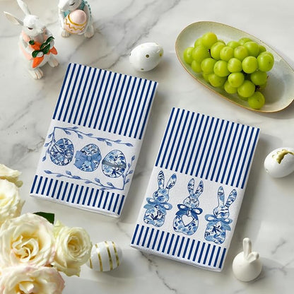 Artoid Mode Blue Stripe Rabbit Bunny Eggs Easter Kitchen Towels Dish Towels