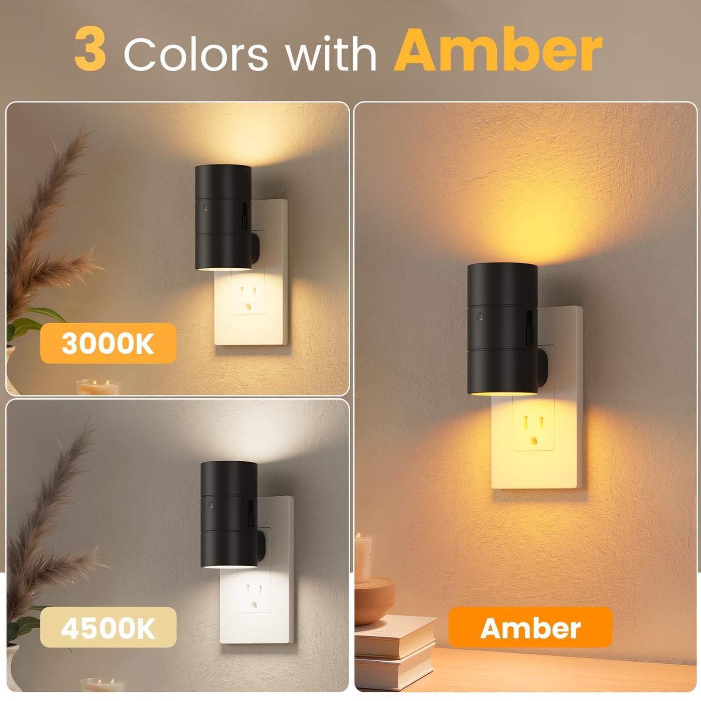 VOLISUN Night Light, Dimmable Led Night Lights Plug into Wall, Amber/3000K/4500K, 0-100LM Adjustable Brightness, Dusk to Dawn Nightlight for Hallway, Bathroom, Bedroom Black 2 Pack