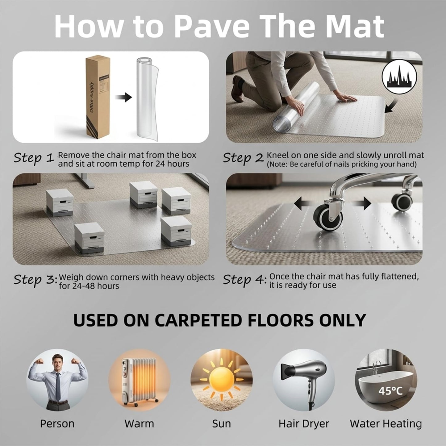 Office Chair Mat for Carpet: 30" x 48" Plastic Heavy Duty Computer Desk Mats for Low Flat and No Pile Carpeted Floor - Clear Rug Pad for Rolling Chairs Office Work Home Gaming Rectangle