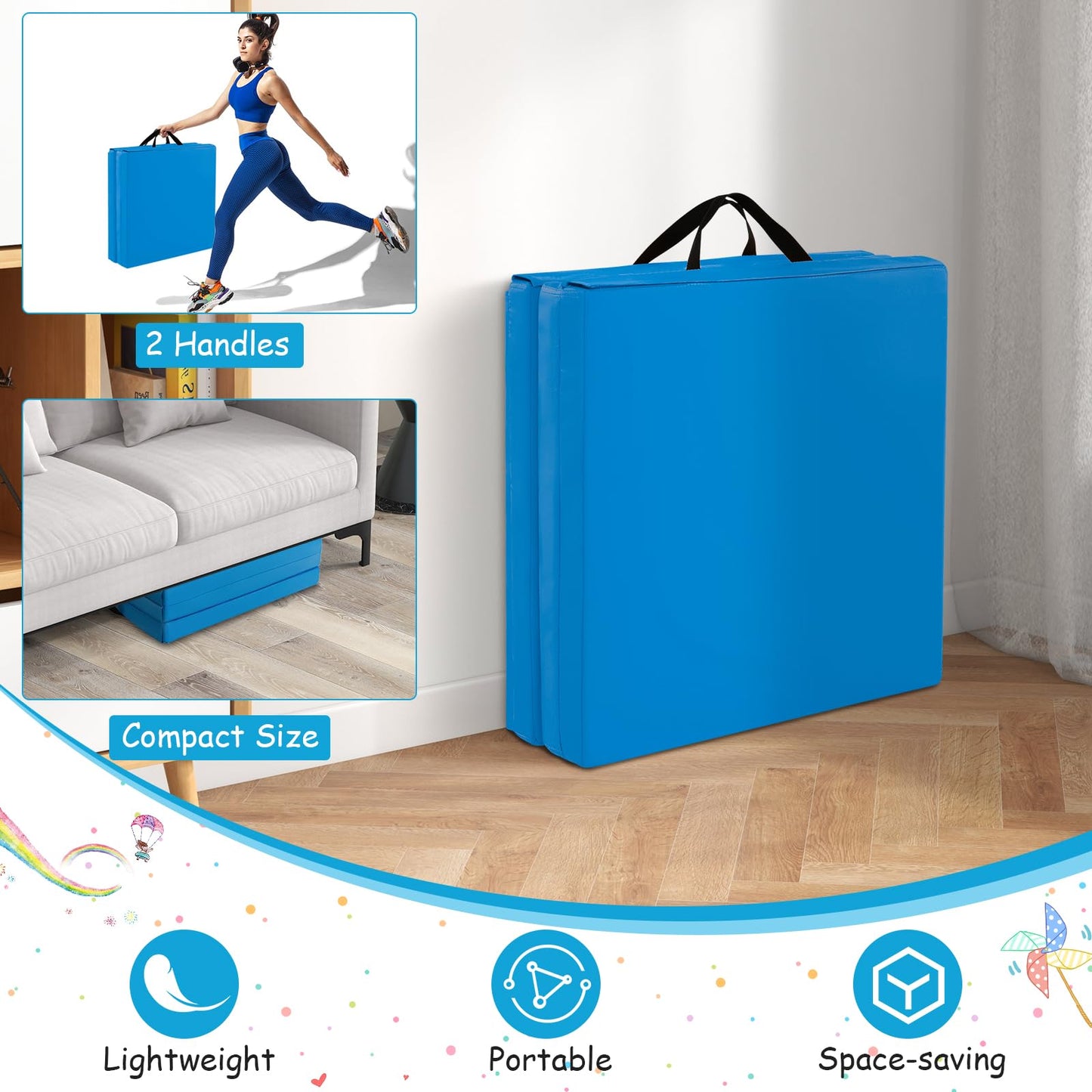 Giantex 6'x2' Tri-Fold Gymnastics Mat with Carry Handles Tumbling Exercise Gym Mat for Aerobics, Yoga, Stretching, MMA (Blue)