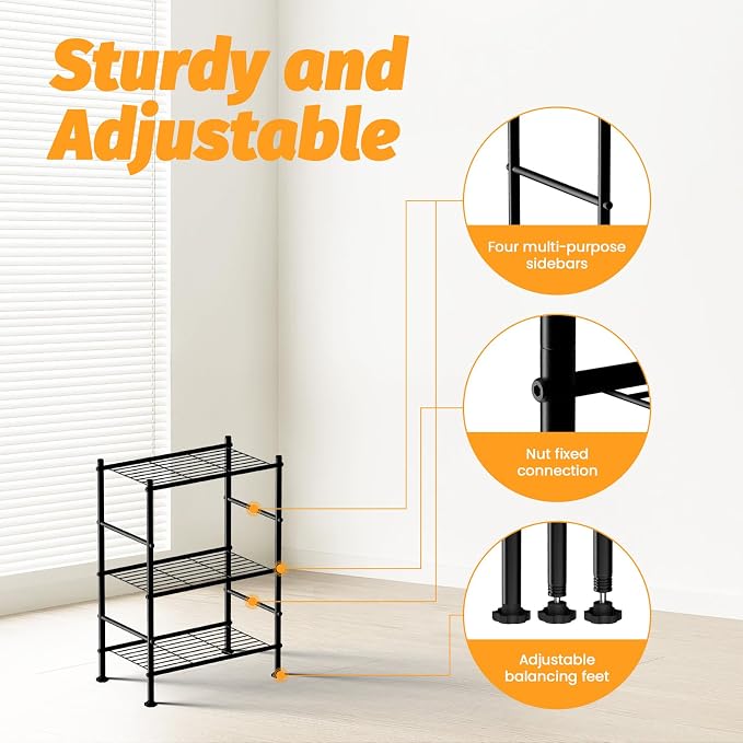 Abiglifty Storage Shelves, 3-Tier Metal Shelving, Wire Shelving with Adjustable Leveling Feet, Shelf Organizer for Bathroom, Closet, Garage
