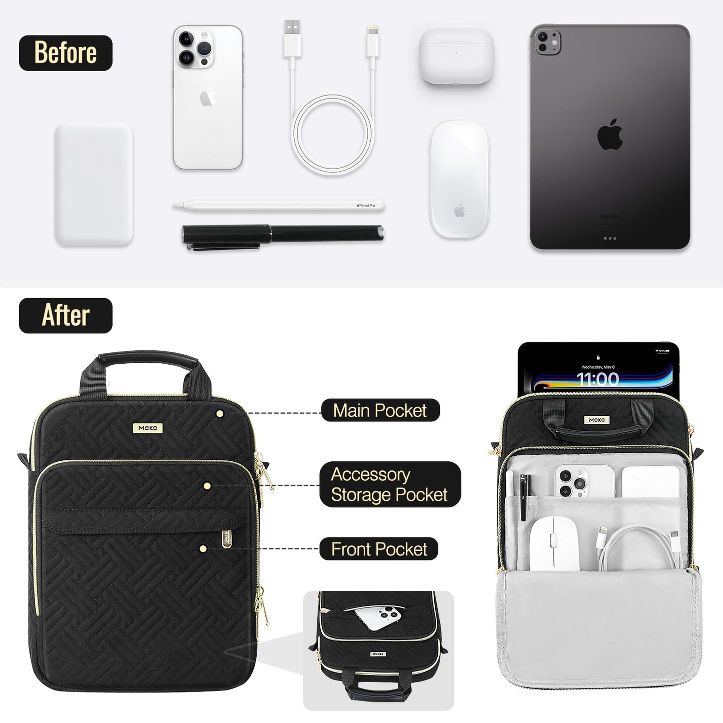 MoKo 13 Inch Puffer Tablet Sleeve Bag for New 13" iPad Air M4 2026 / Pro M5, iPad Pro 12.9" M2&M1, Galaxy Tab S8/S9 Plus 12.4", 360° Edge Protection Puffy Bag with Handle & Shoulder Strap, Black