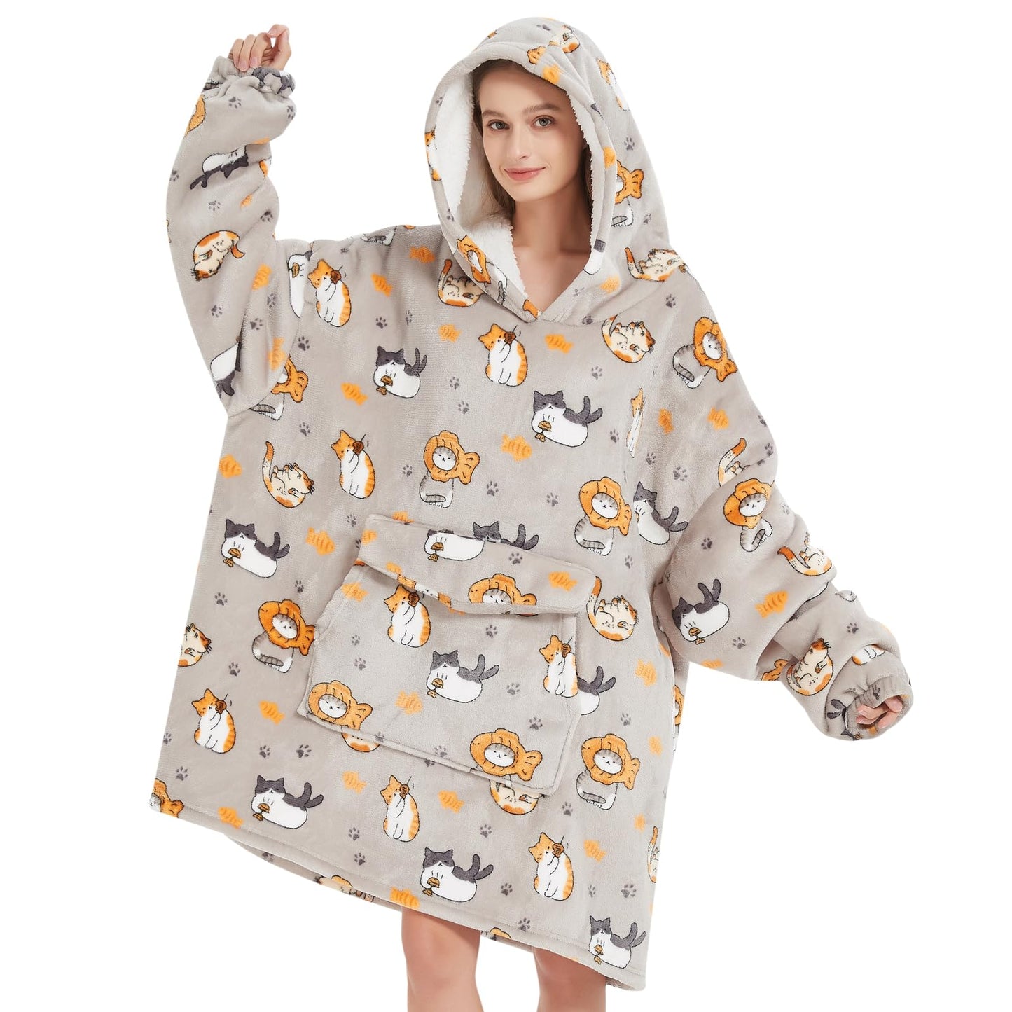 Mewkou Wearable Blanket Hoodie for Adult,Oversized Sherpa Fleece Blanket Hoodie for Women Men,Cat