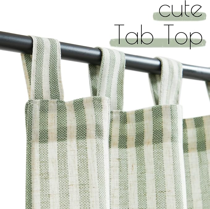 jinchan Tab Top Linen Kitchen Curtains 24 Inches Striped Tier Curtains Farmhouse Modern Cafe Style Small Window Treatments Airy Light Filtering Rod Pocket for Living Room Bathroom 2 Panels Sage Green