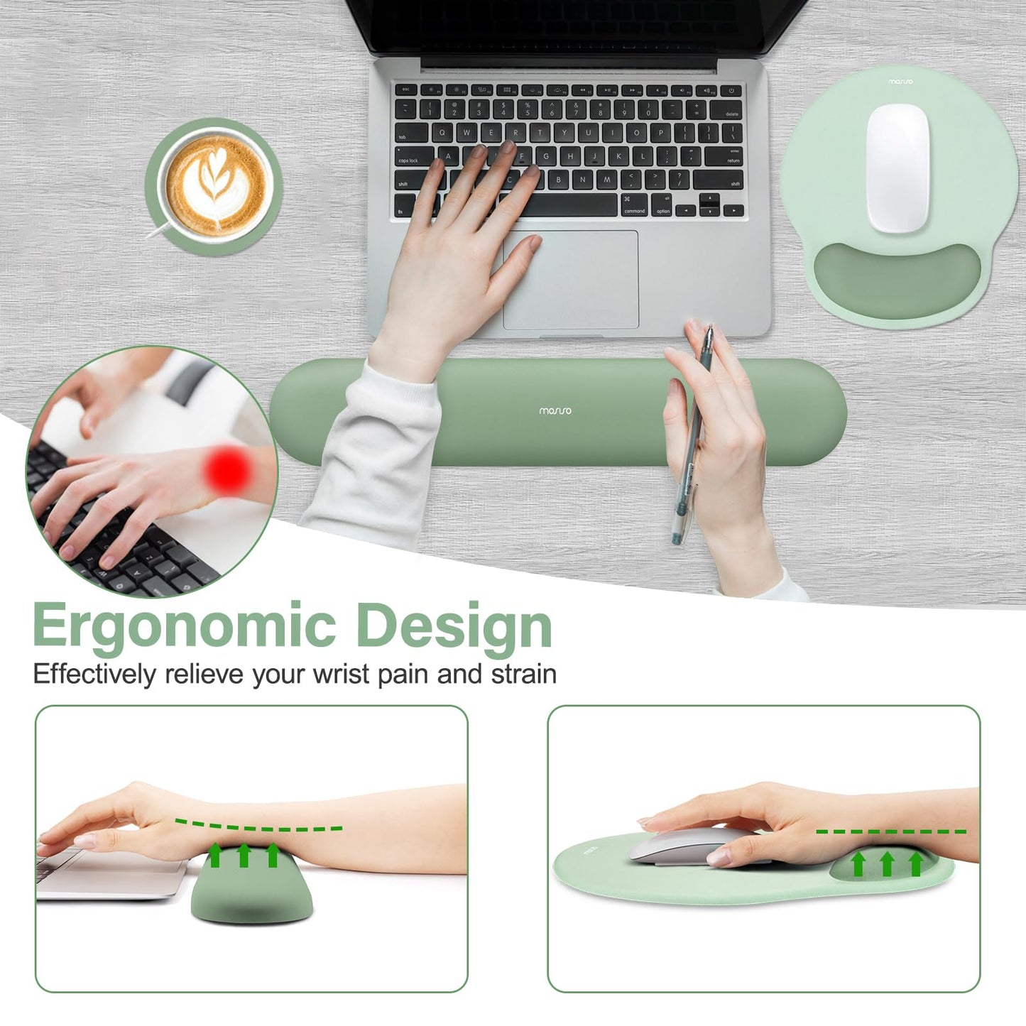 MOSISO Wrist Rest Support for Mouse Pad&Keyboard Set, Circle Curved Ergonomic Mousepad&Coaster Non-Slip Base Home/Office Pain Relief&Easy Typing Pad with Soft Cloth&Silicone Lining, Antique Green