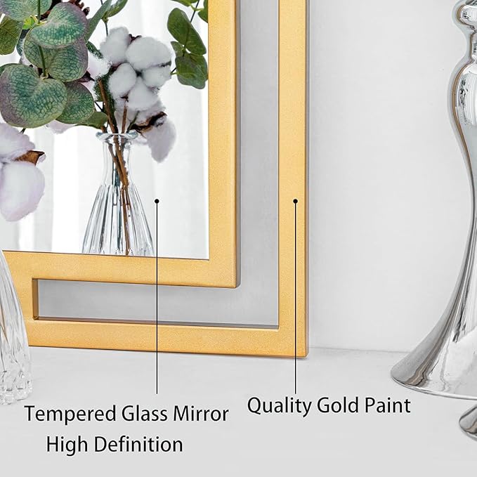 Large Decorative Wall Mirror, 24"x36" Gold Mirror for Bedroom, Tempered Mirror Wall Decor with Metal Frame for Living Room, Modern Farmhouse Mirror, Horizontal/Vertical