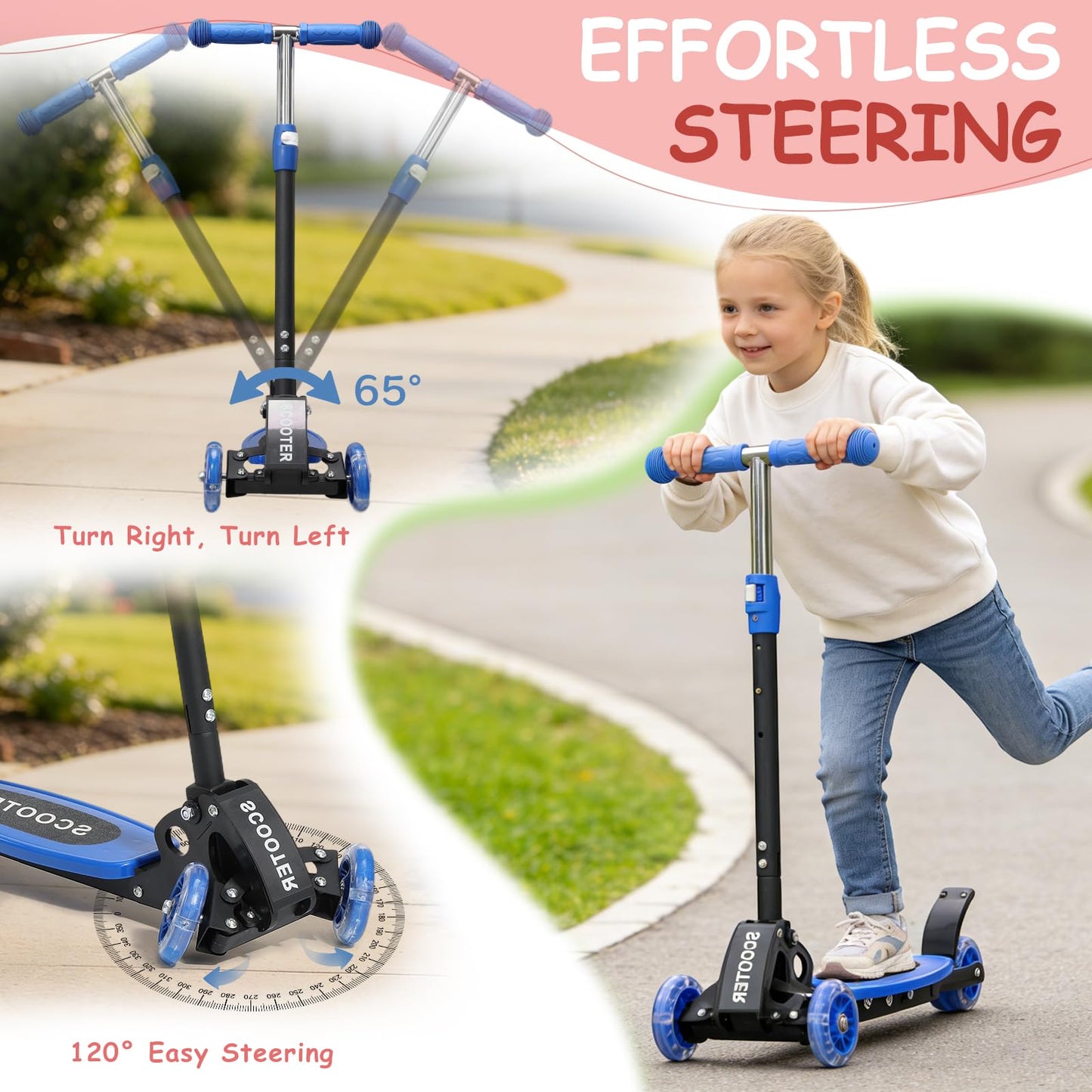 HOSKO Kick Scooter for Kids 2-7 Age， Light up 3 Wheels Kick Scooter, Heavy Duty Folding Lean-to-Steer Scooters with 3 Adjustable Handlebar for Boys Girls Blue