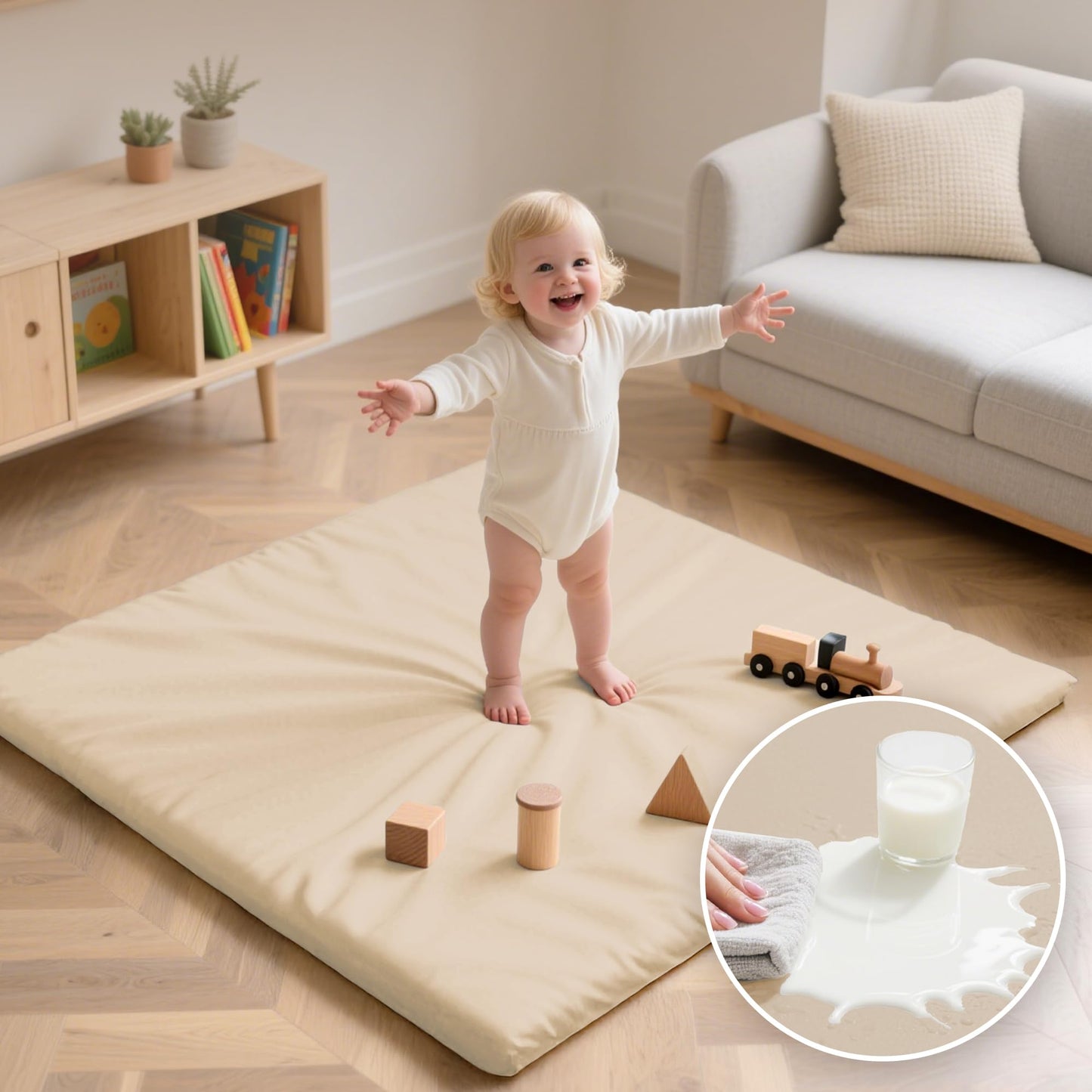 Huloo Sleep Baby Play Mat 50x50 Inches, 1.3" Thick Padded Waterproof Floor Cushion & Playpen Mat with Vegan Leather, Non-Slip & Non-Toxic Nursery Rug for Infants, Toddlers & Kids(Beige)