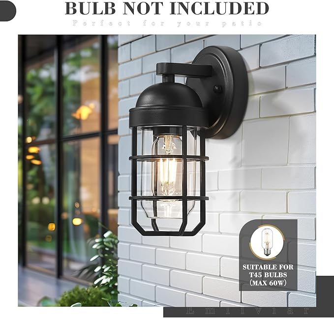 Emliviar Modern Outdoor Wall Light for House Porches, Solid Classic Metal Cage, Retro Charm Exterior Wall Light, Clear Tempered Glass, Black Finish, GE255B BK