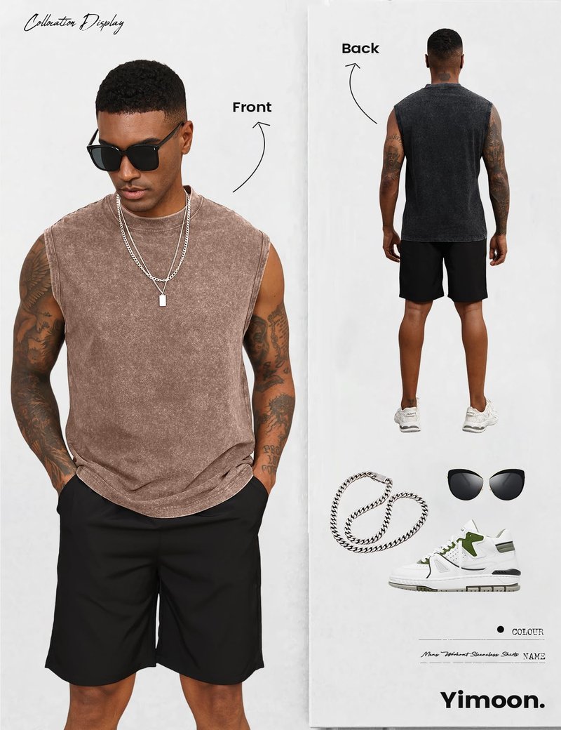 Yimoon Mens Tank Tops Workout Sleeveless Shirts Cotton Acid Wash Tees Loose Gym Muscle Shirts(BlackKhakiBeige-L)