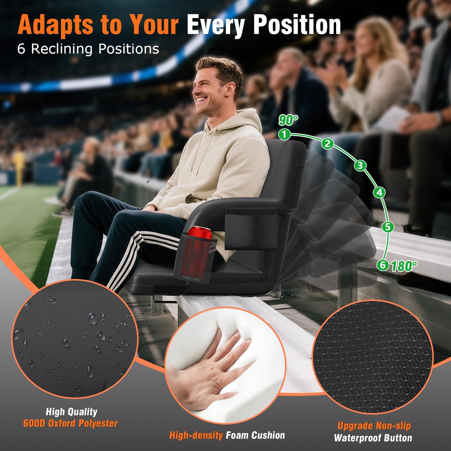 Suteck 2 pcs Dual-Sided Heated Stadium Seats for Bleachers with Back Support, 25" Portable Heated Bleacher Seat with Backrest, 3 Heat Levels, 5 Pockets – Ideal for Outdoor Stadiums and Events - Black