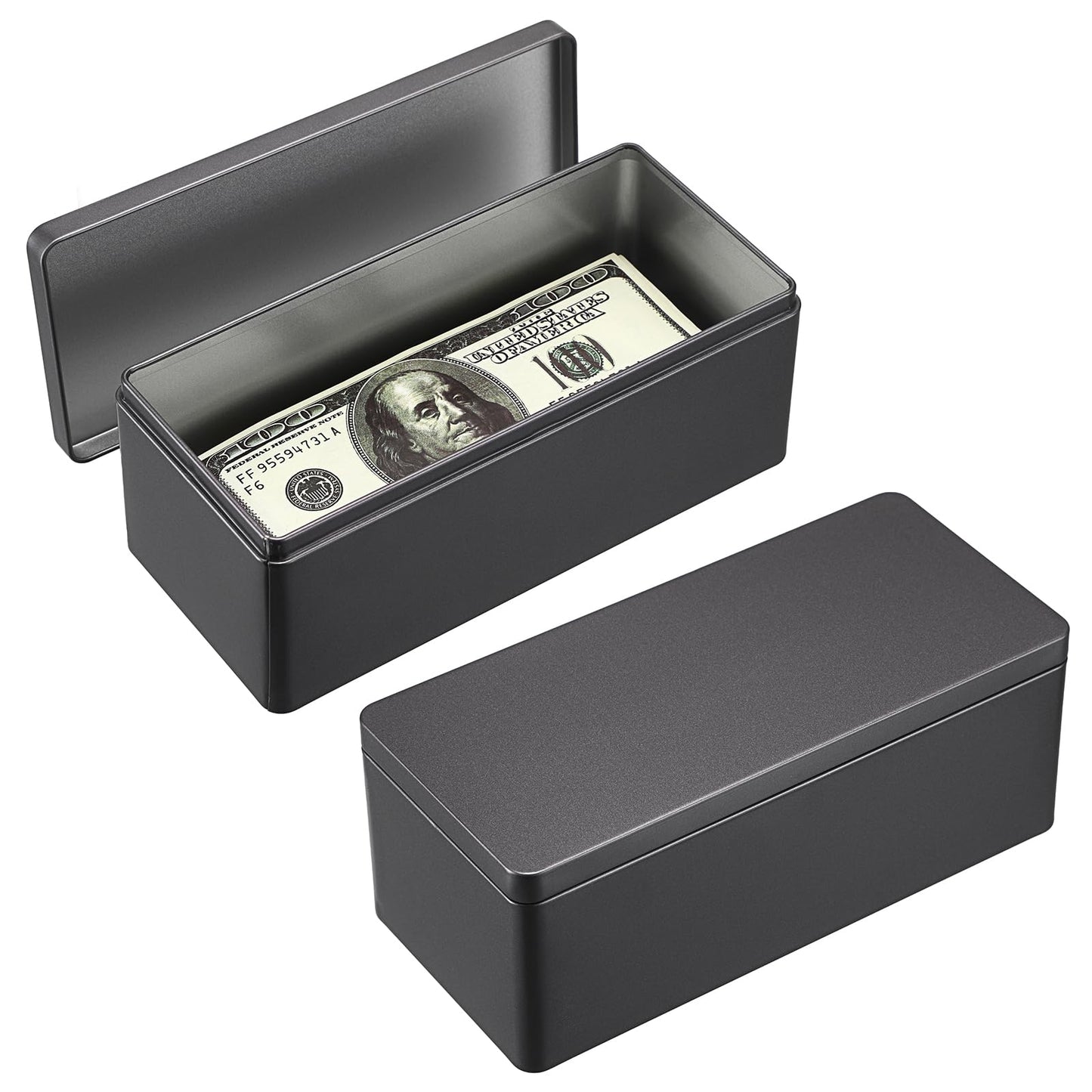 Hipiwe 2 Packs Black Metal Cash Box Rectangular Money Organizer with Lid Currency Storage Box Empty Box Container for Coin Bill Dollar Stamp Jewelry
