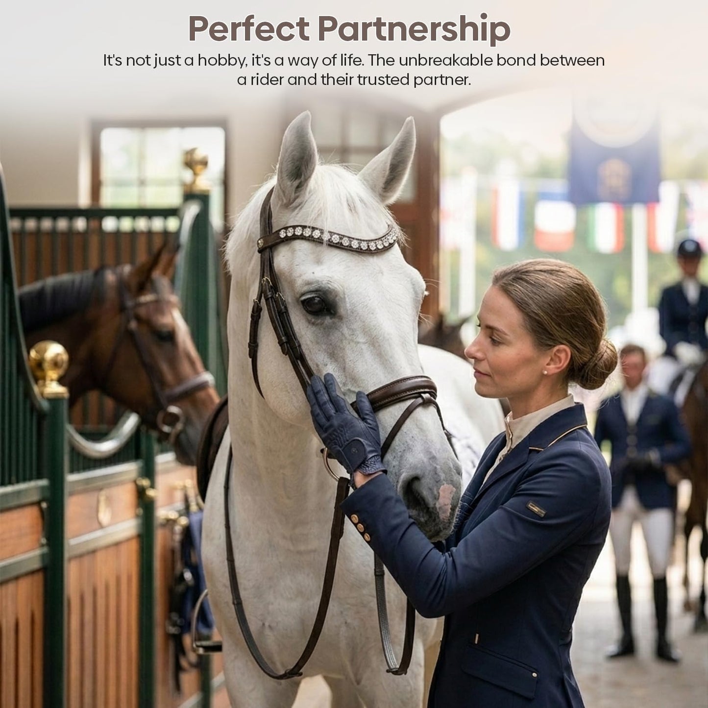 Equine Care Leather English Horse Bridle with Reins, Full Size Havana Brown, Raised Fancy-Stitched Hunter Show Bridle with Clear Crystal Browband, Padded Crownpiece, Stainless Steel Hardware