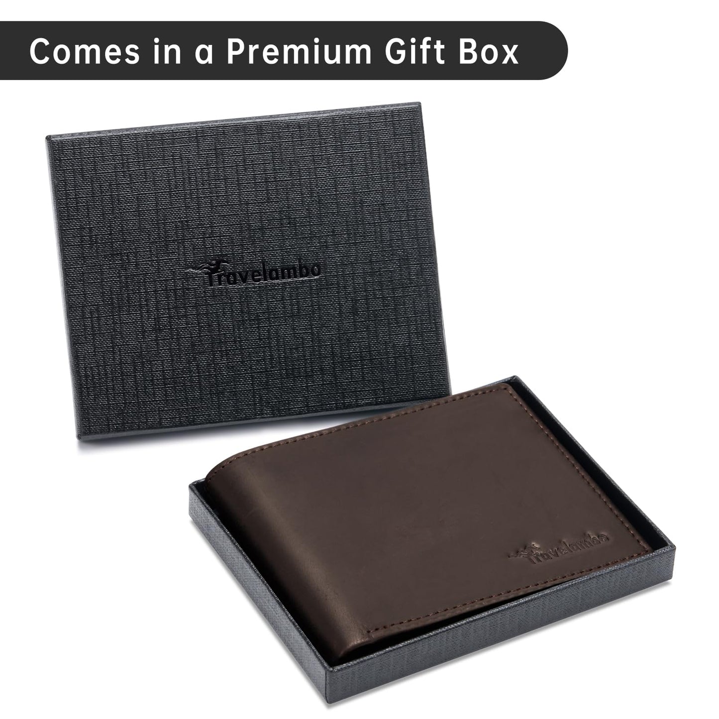 Travelambo Wallet for Men Real Leather Mens Bifold Wallet RFID Blocking - Thin & Stylish with ID Window in Gift Box (Crazy Horse, Brown)
