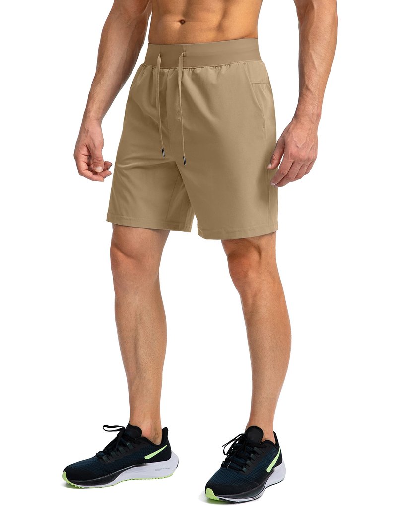 Soothfeel Men's Running Shorts with Zipper Pockets 7 Inch Lightweight Quick Dry Gym Athletic Workout Shorts for Men (Dark Khaki, S)