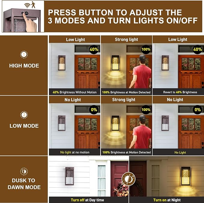 2Pk Oil Rubbed Bronze Solar Outdoor Sconces with 3 Modes Motion Sensor Crystal Exterior Light Fixtures with 4500K 250LM LED Outside Lights for House Waterproof Dusk to Dawn Solar Porch Lights