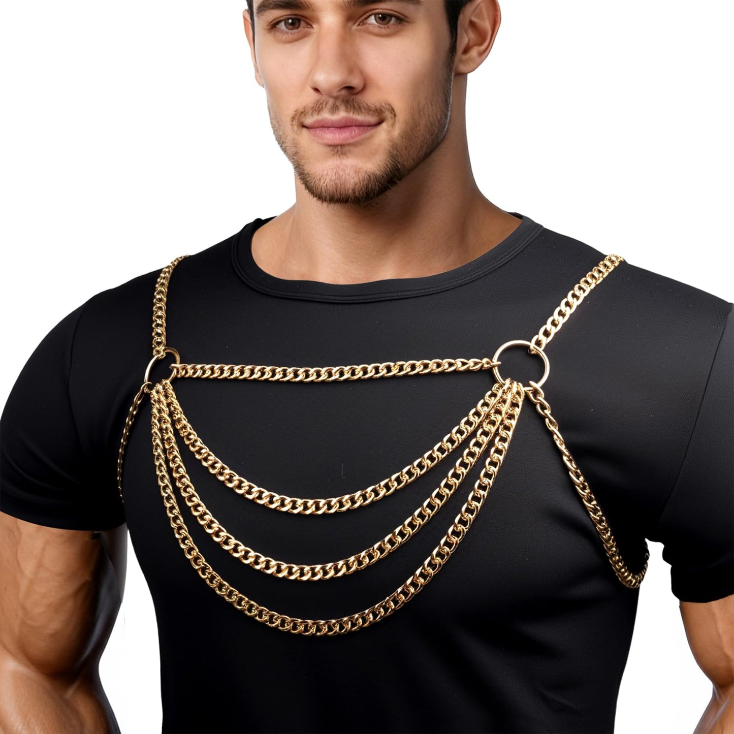 RTeczSolve Men's Chest Harness Chain Costume, Body Harness Belt for Men, Male Chest Harness Fashion Uniform for Cosplay Party (Gold)